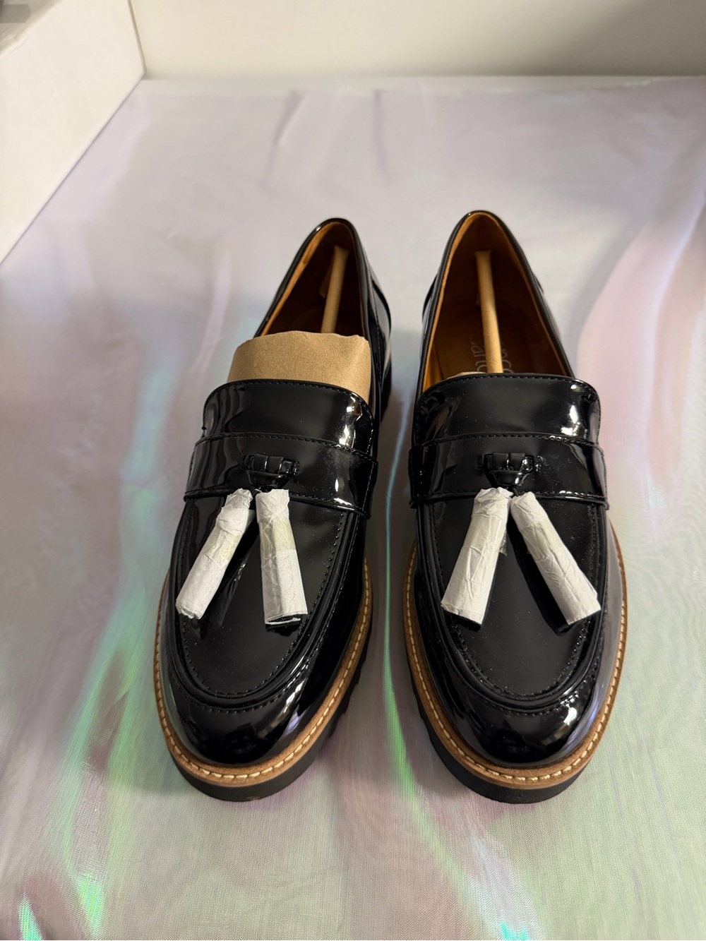 Franco Sarto Black Patent Tassel Loafers with Tan Trim